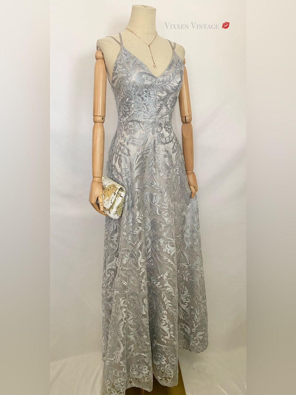 TLC STRAPPY A-LINE V-NECK LACE FORMAL GOWN IN SILVER